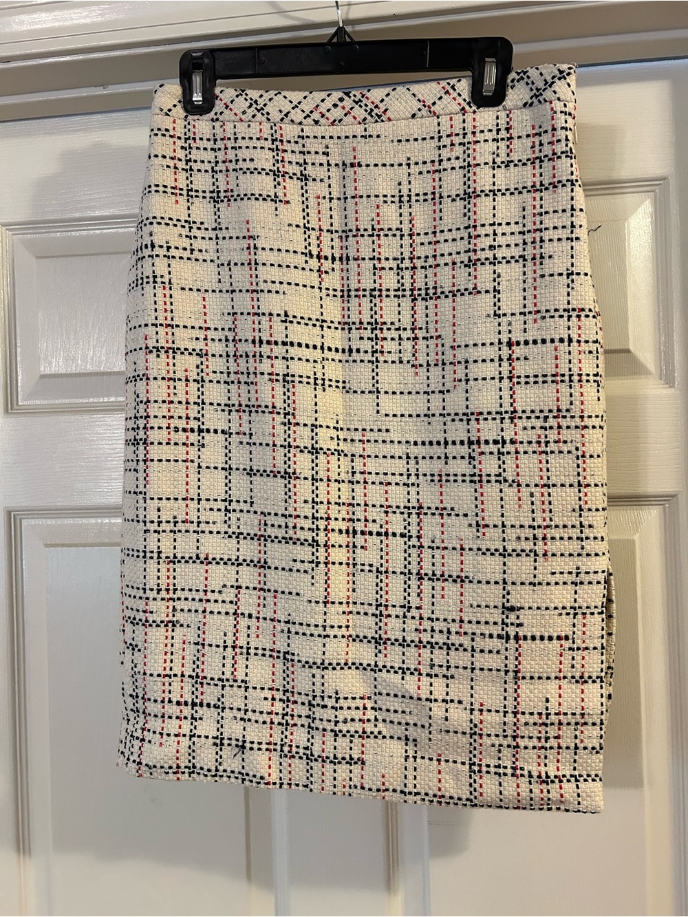 Banana Republic Cream Tweed Pencil Skirt with Navy & Red Plaid